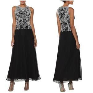 JKARA Gold Embellished Bodice A-Line Beaded Chiffon Long Dress Black Women's 8